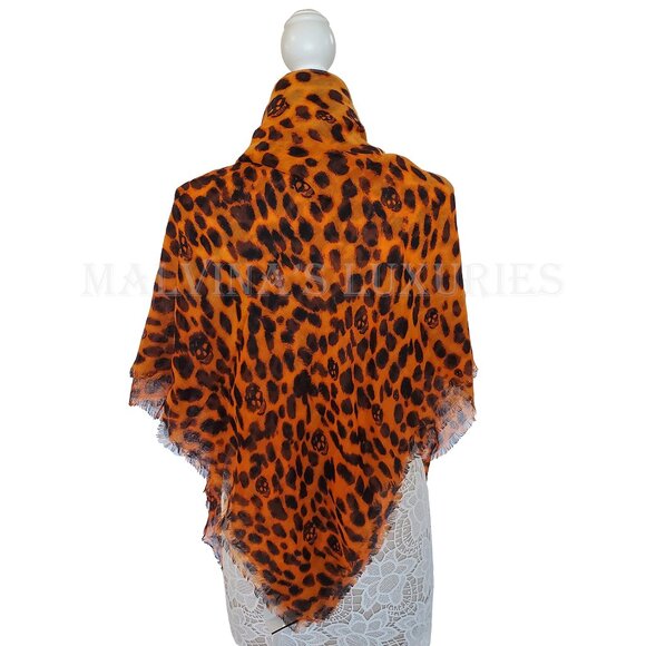 ALEXANDER MCQUEEN SCARF ORANGE CASHMERE SILK SKULL ANIMAL PRINT 50" SQUARE - Picture 4 of 14